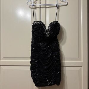 Black Sequin Ruched Mini Dress with Embellished Neckline